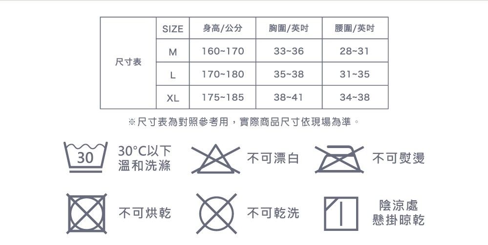 SIZE身高/胸圍/英吋腰圍/英吋M160-17033-3628-31尺寸表L170-18035-3831-35XL175-18538-4134-38※尺寸表為對照參考用,實際商品尺寸依現場為準。30°C以下30溫和洗滌不可漂白不可熨燙陰涼處不可烘乾不可乾洗懸掛晾乾