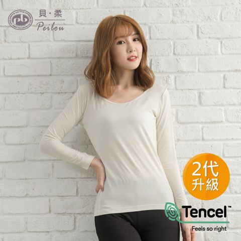 PEILOU 貝柔天絲棉機能吸濕發熱保暖衣_女圓領(米白)