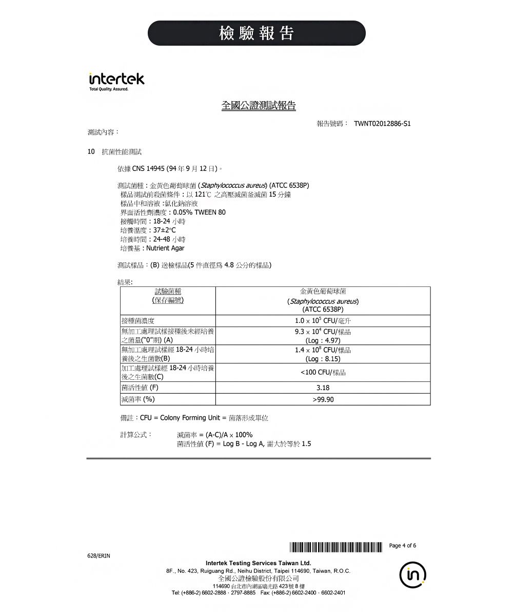 itertek檢驗Total Quality. Assured.全國報告報告號碼 TWNT2012886-51測試內容: 抗菌性能測試依據 CNS 1494594年9月12日)。測試菌種:葡萄球菌(Staphylococcus aureus) (ATCC 6538P)樣品測試前殺菌條件:以121℃之高壓滅菌滅菌15分鐘樣品中和溶液:氯化鈉溶液界面活性劑濃度:0.05% TWEEN 80接觸時間:18-24小時養溫度:37±2C培養時間:24-48小時培養基:Nutrient Agar測品:(B)送檢樣品(5件直徑4.8公分的樣品)628/ERIN結果:試驗菌種(保存編號)接種菌濃度無加工處理接種後未培養之菌(0) (A)無加工處理試樣經18-24小時培|養後之生菌數(B)加工處理試樣經 18-24小時培養後之生菌數(C)菌活性(F)菌率(%)備註:CFU = Colony Forming Unit = 菌落形成金黄色葡萄球菌(Staphylococcus aureus)(ATCC 6538P)1.010 CFU/毫升9.310CFU/樣品(Log:4.97)1.410°CFU/樣品(Log:8.15)<100CFU/樣品3.1899.90計算公式:減菌率= (A-C)/A100%菌活性(F) = Log B-LogA需大於等於1.5Intertek Testing Services Taiwan Ltd.8F., No. 423, Ruiguang Rd., Neihu District, Taipei 114690, Taiwan, R.O.C.全國公證檢驗股份有限公司114690 台北市內湖區瑞光路423號8樓Tel: (+886-2) 6602-2888,2797-8885 Fax:(+886-2)6602-24006602-2401Page 4 of 6n