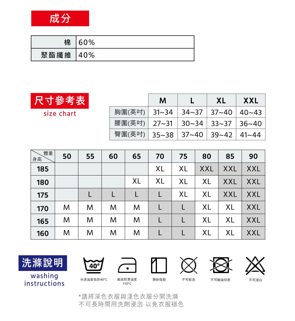 成分棉 60%聚酯纖維 40%尺寸參考表MLXLXXLsize chart胸圍(英吋) 3134腰圍(英吋) 2731臀圍(英吋)3437 3740 40433034 33~37 35~38 37~40  41-44體重505560身高60657075808590185XLXLXXLXXL XXL180XLXLXLXLXXL XXL175LLLLXLXLXXL XXL170165160MMMMLLXLXLXXLMMMMLLXLXLXXLMMMMLLXLXLXXL洗滌說明40washing水洗溫度低於40C最高熨燙溫度110°C懸掛陰乾不可乾洗不可翻滾烘乾不可漂白instructions*請將深色衣服與淺色衣服分開洗滌不可長時間用洗劑浸泡以免衣服褪色