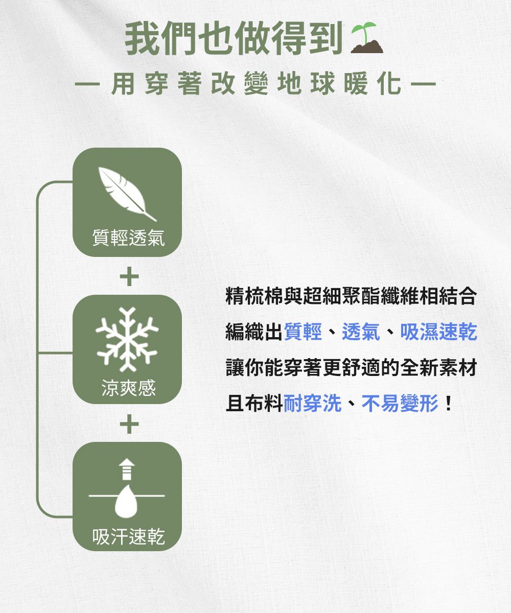 我們也做得到用穿著改變地球暖化一質輕透氣精梳棉與超細聚酯纖維相結合編織出質輕、透氣、吸濕速乾讓你能穿著更舒適的全新素材涼爽感且布料耐穿洗、不易變形!吸汗速乾