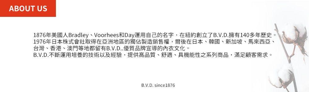 ABOUT US1876年美國人BradleyVoorhees和Day運用自己的名字,在紐約創立了B.V.D.擁有140多年歷史。1976年日本株式會社取得在亞洲地區的獨佔製造銷售權,爾後在日本、韓國、新加坡、馬來西亞、台灣、香港、澳門等地都留有B.V.D..優質品牌宣導的內衣文化。B.V.D.不斷運用培養的技術以及經驗,提供高品質、舒適、具機能性之系列商品,滿足顧客需求。B.V.D. since1876