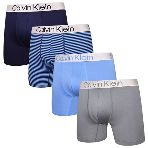 Calvin Klein Chromatic 四入組 柔滑輕盈合身男內褲 平口/四角褲 CK內褲(深藍、藍條紋、灰)