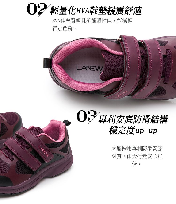 0 輕量化EVA鞋墊震舒適EVA鞋墊質輕且抗衝擊性佳,能減輕行走負擔。LANEWLANEW2 專利安底防滑結構穩定度up up大底採用專利防滑安底材質,雨天行走安心加倍。