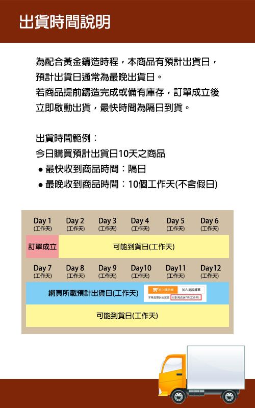 出貨時間說明為配合黃金鑄造時程,本商品有預計出貨,預計出貨日通常為最晚出貨日。若商品提前鑄造完成或備有庫存,訂單成立後立即啟動出貨,最快時間為隔日到貨。出貨時間範例:今日購買預計出貨日10天之商品最快收到商品時間:隔日最晚收到商品時間:10個工作天(不含假日)Day 1(工作天)Day 2(工作天)Day 3(工作天)Day 4(工作天)Day 5Day 6(工作天)(工作天)訂單成立可能到貨日(工作天)Day 7Day 8Day 9Day10Day11(工作天)(工作天)(工作天) (工作天)(工作天)Day12(工作天)網頁所載預計出貨日(工作天)可能到貨日(工作天)