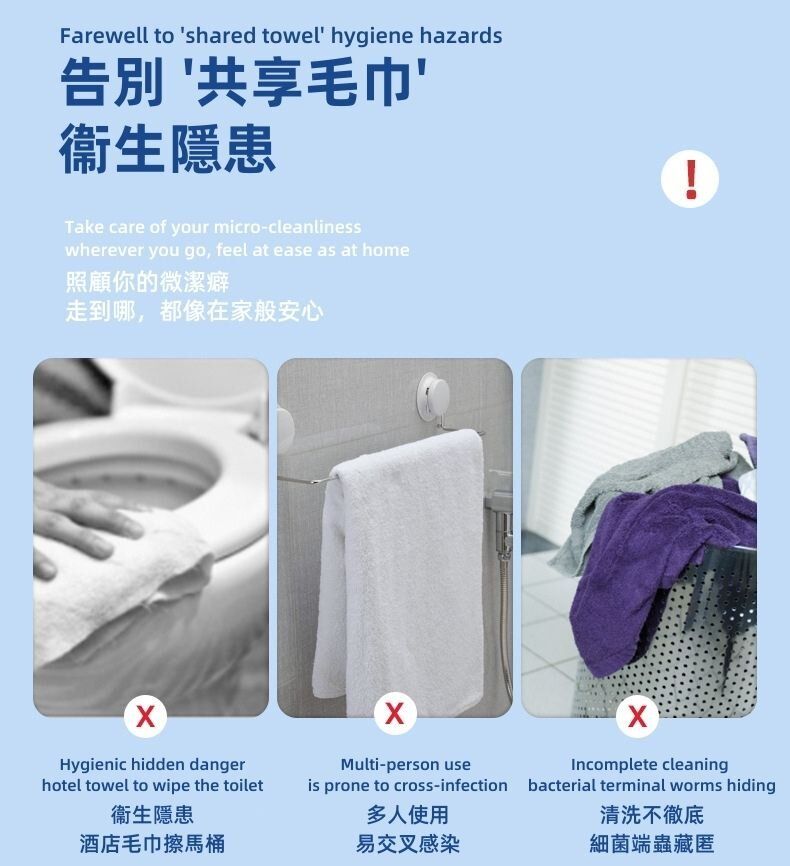 Farewell to shared towel hygiene hazards共享毛巾衞生隱患Take care of your micro-cleanlinesswherever you go, feel at ease as at home照顧你的微潔癖走到哪,都像在家般安心Hygienic hidden dangerhotel towel to wipe the toilet衛生隱患酒店毛巾擦馬桶Multi-person useis prone to cross-infection多人使用易交叉感染!Incomplete cleaningbacterial terminal worms hiding清洗不徹底細菌端蟲藏匿