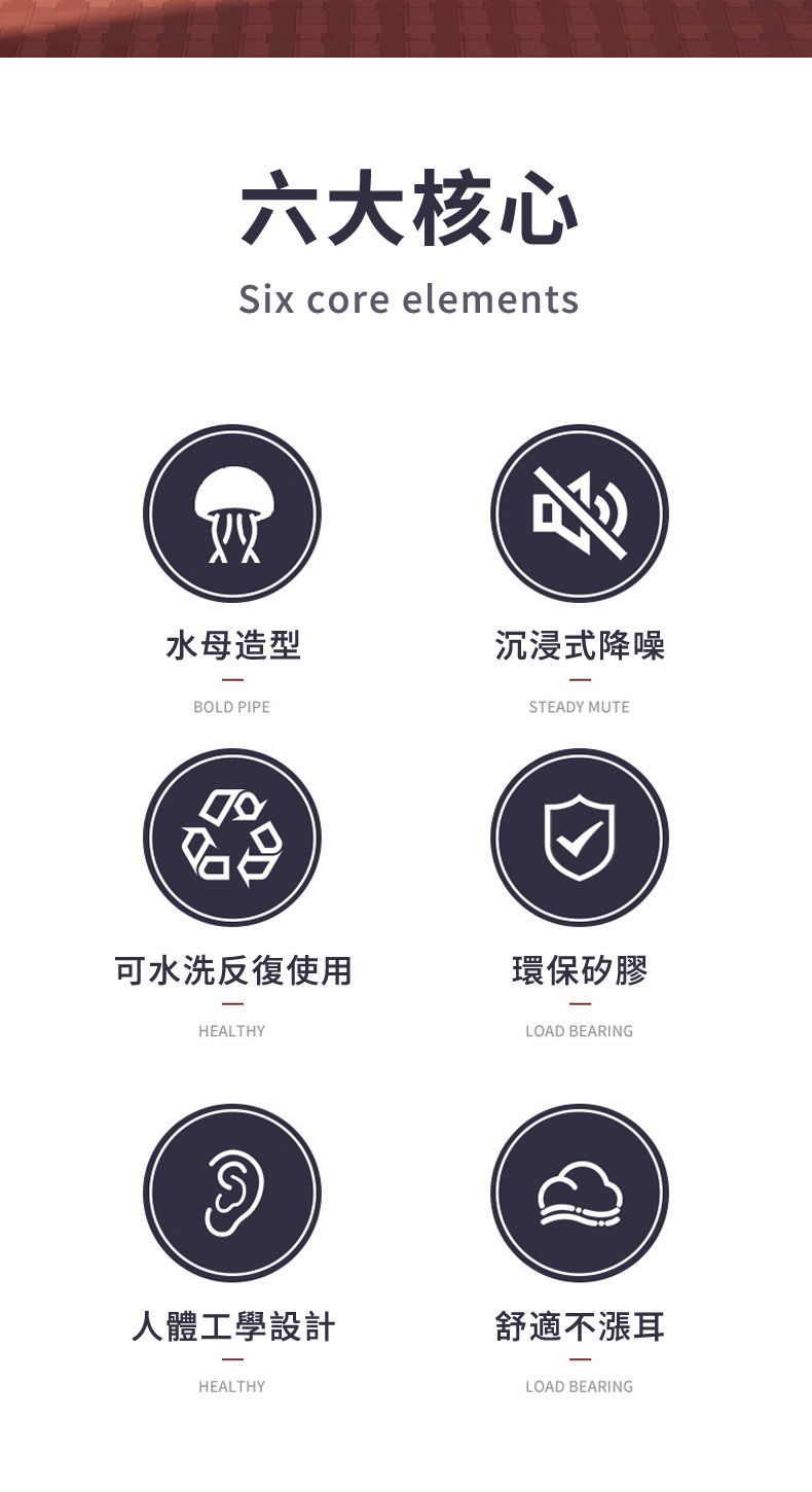 六大核心Six core elements水母造型沉浸式降噪BOLD PIPESTEADY MUTE可水洗反復使用環保矽膠HEALTHYLOAD BEARING人體工學設計舒適不漲耳HEALTHYLOAD BEARING