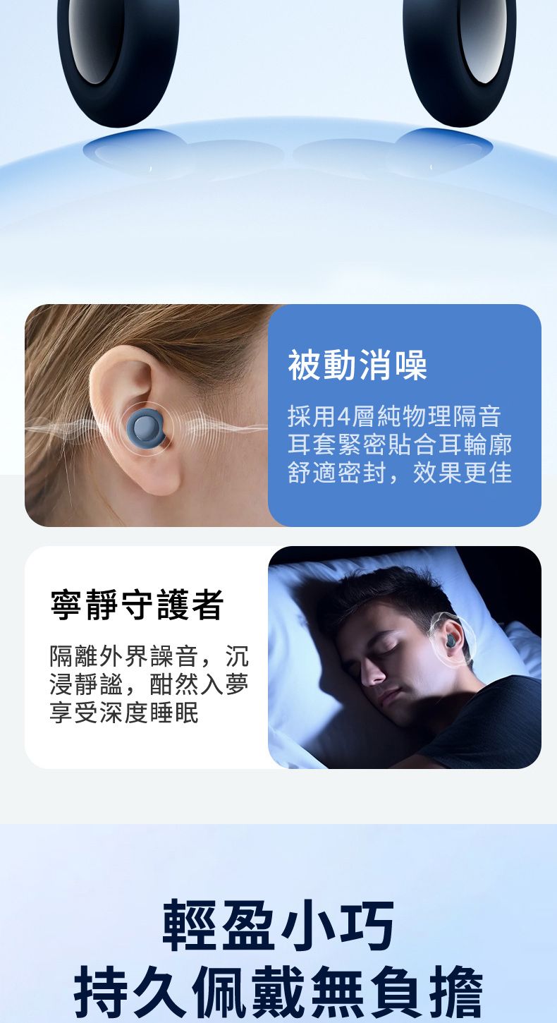寧靜守護者隔離外界噪音,沉浸靜謐,酣然入夢享受深度睡眠被動消噪採用4層純物理隔音耳套緊密貼合耳輪廓舒適密封,效果更佳輕盈小巧持久佩戴無負擔