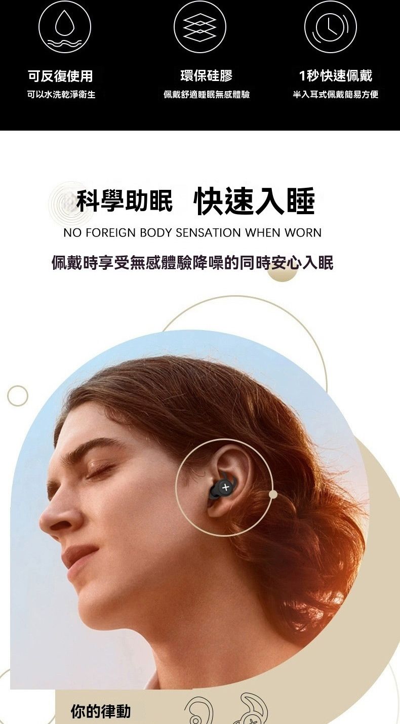 可反復使用環保硅膠1秒快速佩戴可以水洗乾淨衛生佩戴舒適睡眠無感體驗半入耳式佩戴簡易方便科學助眠 快速入睡NO FOREIGN BODY SENSATION WHEN WORN佩戴時享受無感體驗降噪的同時安心入眠你的律動