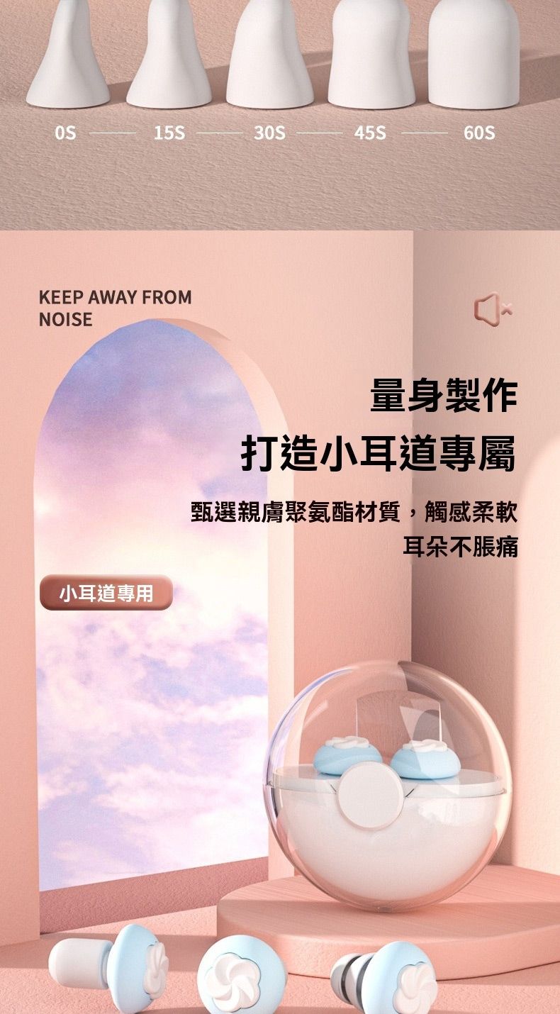 15S30S45S60SKEEP AWAY FROMNOISE小耳道專用量身製作打造小耳道專屬甄選親膚聚氨酯材質,觸感柔軟耳朵不脹痛
