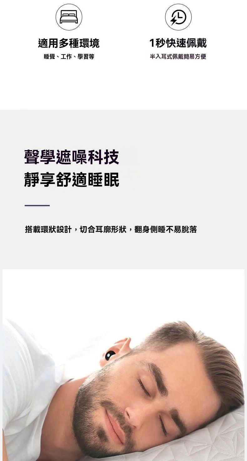 適用多種環境睡覺、工作、學習等聲學遮噪科技靜享舒適睡眠1秒快速佩戴半入耳式佩戴簡易方便搭載環狀設計,切合耳廓形狀,翻身側睡不易脫落