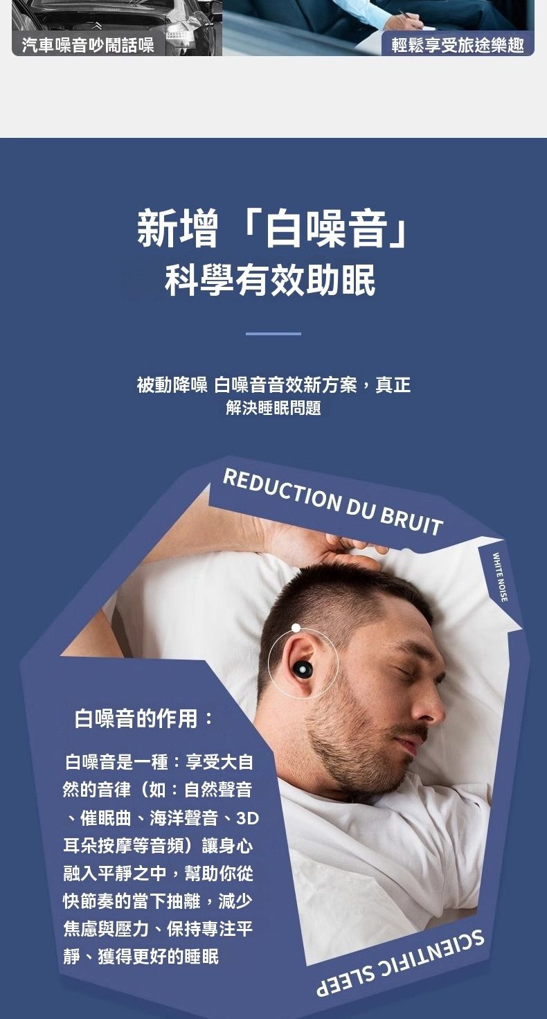 汽車噪音吵鬧話噪輕鬆享受旅途樂趣新增「白噪音」科學有效助眠被動降噪 白噪音音效新方案,真正解決睡眠問題REDUCTION DU BRUIT白噪音的作用:白噪音是一種:享受大自然的音律(如:自然聲音、催眠曲、海洋聲音、3D耳朵按摩等音頻)讓身心融入平靜之中,幫助你從快節奏的當下抽離,減少焦慮與壓力、保持專注平靜、獲得更好的睡眠WHITE NOISE