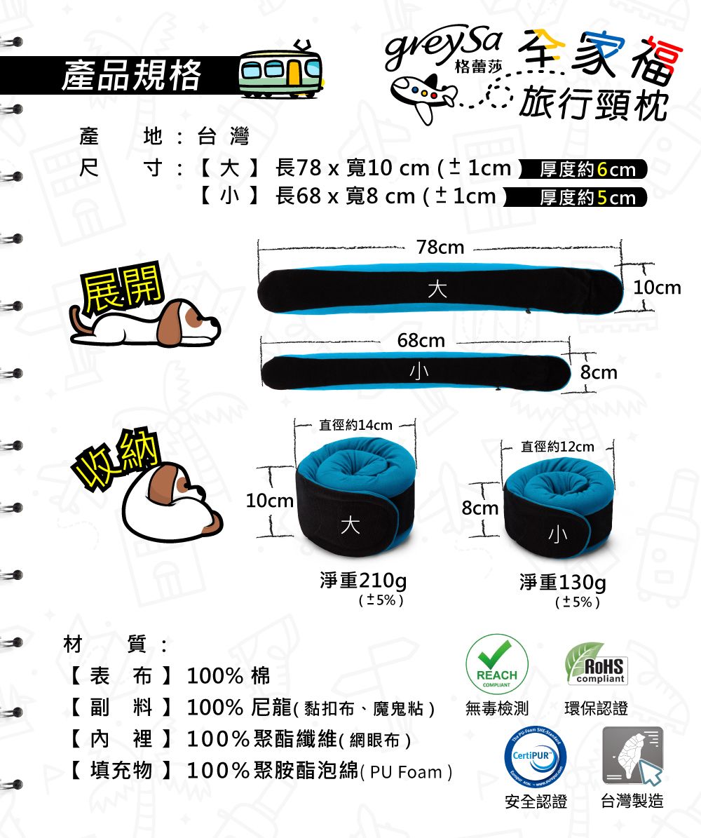 品規格 格蕾莎家福∴旅行頸枕產 地:台灣寸:【】長78x寬10cm  1cm【小】長68x寬8cm1cm厚度約6cm厚度約cm78cm展開10cm68cm8cm直徑約14cm直徑約12cm8cm大淨重210g淨重130g(±%(±5%材質:【表 布】100% RACHCOMPLIANTROHScompliant【副料】100%尼龍(黏扣布、魔鬼粘)無毒環保認證【內裡】100%聚酯纖維(網眼布)E【填充物】100%聚胺酯泡綿( PU Foam )安全認證 台灣製造