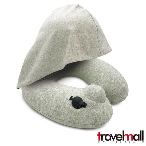 Travelmall 專利3D按壓式充氣連帽頸枕-灰