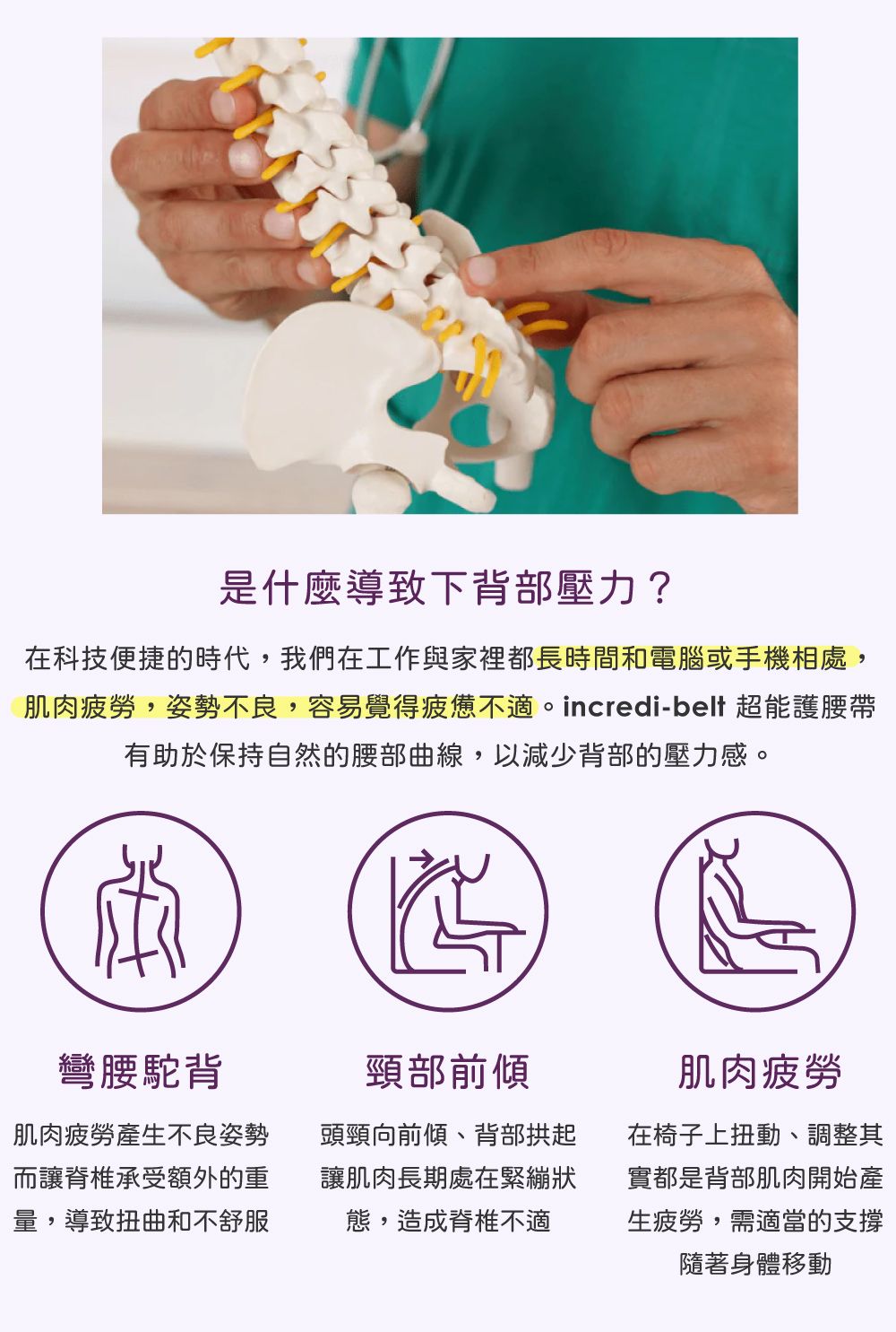 是什麼導致下背部壓力?在科技便捷的時代,我們在工作與家裡都長時間和電腦或手機相處,肌肉疲勞,姿勢不良,容易覺得疲憊不適。incredi- 超能護腰帶有助於保持自然的腰部曲線,以減少背部的壓力感。彎腰駝背肌肉疲勞產生不良姿勢而讓脊椎承受額外的重量,導致扭曲和不舒服頸部前傾頭頸向前傾、背部拱起讓肌肉長期處在緊繃狀態,造成脊椎不適肌肉疲勞在椅子上扭動、調整其實都是背部肌肉開始產生疲勞,需適當的支撐隨著身體移動