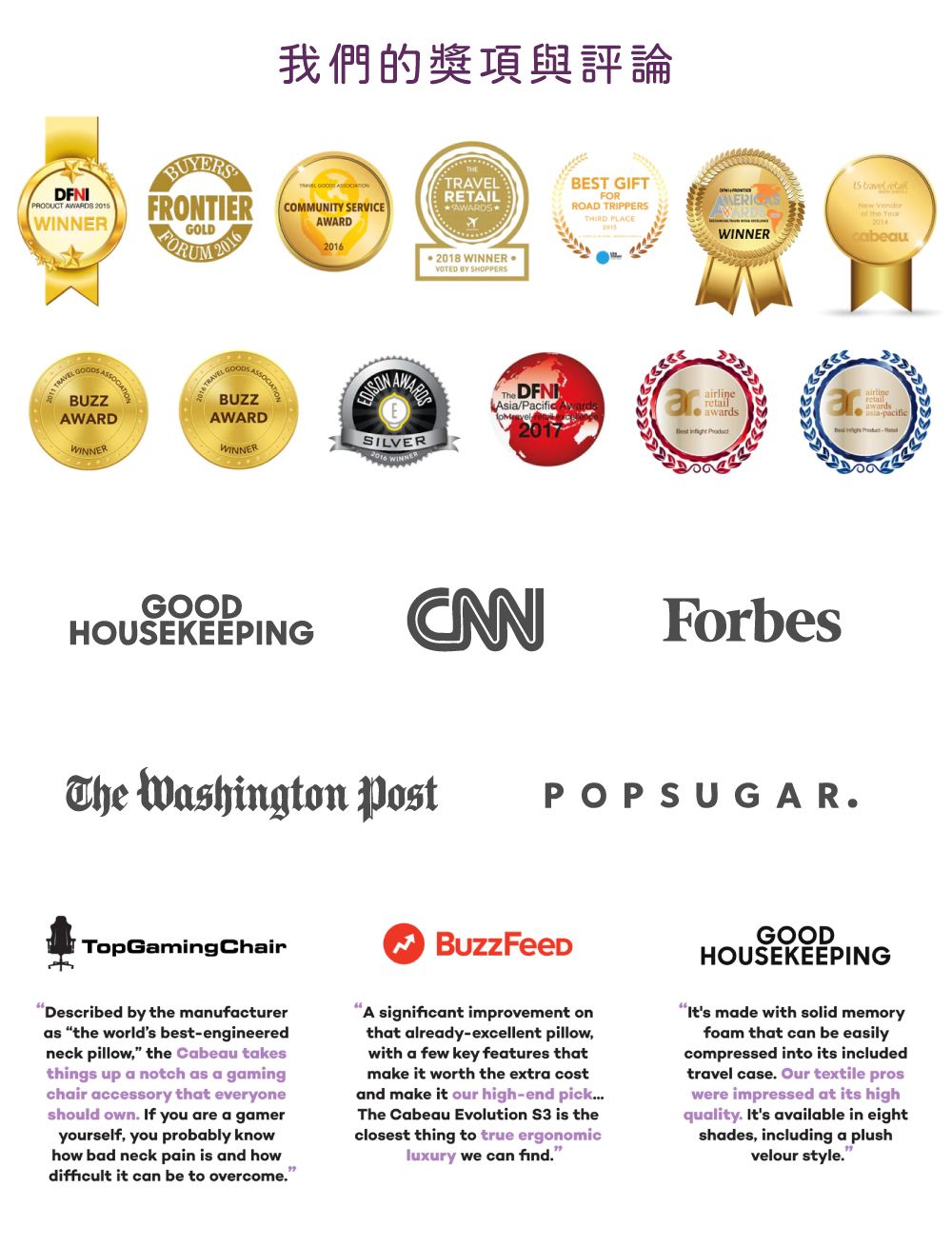 DFNIPRODUCT WARDS 15WINNERBUYERSFRONTIERGOLD 20我們的獎項與評論TRAVELRETAILCOMMUNITY SERVICEAWARDS⭑ROAD TRIPPERSTHIRD PLACEAWARD20162018 WINNERVOTED BY SHOPPERSBEST GIFTFORWINNER2015TRAVEL 2011BUZZAWARDWINNER   the 2014cabeau2016 TRAVEGOODSBUZZAWARDWINNERSILVERThe DFNAsia/Pacific airlineretail  arairlineasia-pacific  GOODHOUSEKEEPINGForbesThe Washington PostPOPSUGAR.TopGamingChairDescribed by the manufactureras the worlds best-engineeredneck pillow the Cabeau takesthings up a notch as a gamingchair accessory that everyoneshould own. If you are a gameryourself, you probably knowhow bad neck pain is and howdifficult it can be to overcome.A significant improvement onthat already-excellent pillow,with a few key features thatmake it worth the extra costand make it our high-end pick...The Cabeau Evolution S3 is theclosest thing to true ergonomicluxury we can find.GOODHOUSEKEEPINGIts made with solid memoryfoam that can be easilycompressed into its includedtravel case. Our textile proswere impressed at its highquality. Its available in eightshades, including a plushvelour style.