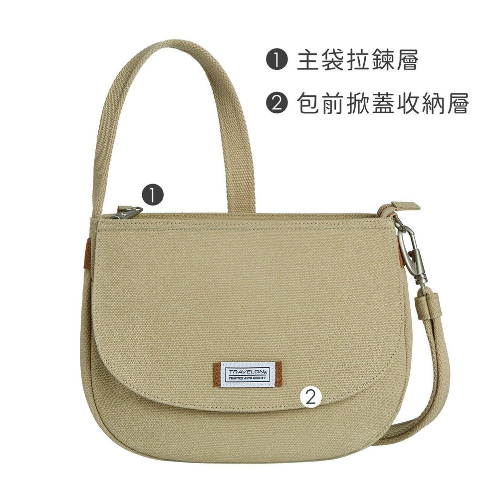 TRAVELON 美國 Heritage帆布3層輕便防盜斜背包(牛仔沙) / 側背包 斜肩包 小包 背帶包 防割防搶