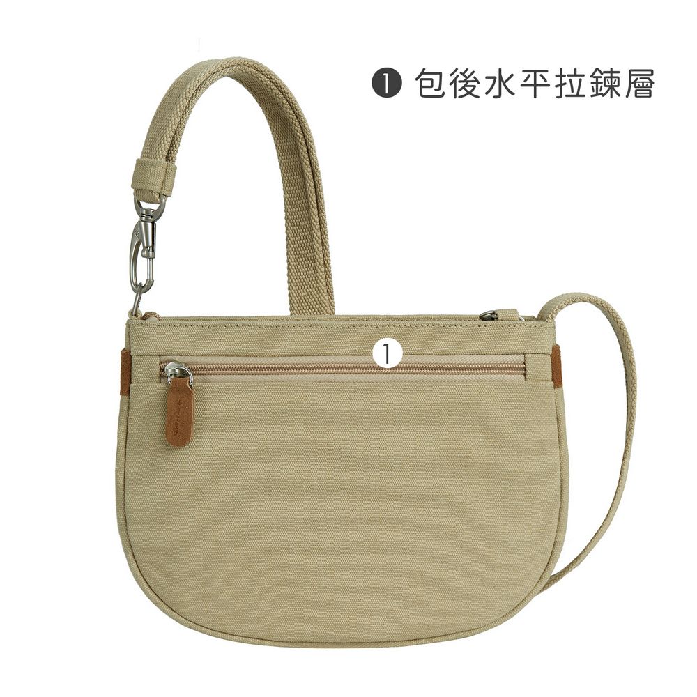 TRAVELON 美國 Heritage帆布3層輕便防盜斜背包(牛仔沙) / 側背包 斜肩包 小包 背帶包 防割防搶