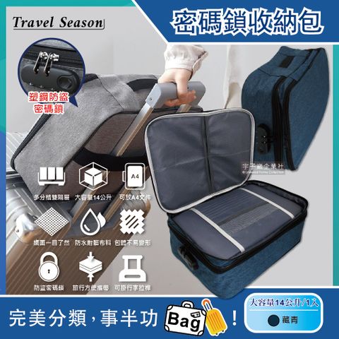 Travel Season 雙主層拉鏈網格多口袋隔層密碼鎖護照證件收納包-藏青色(收納袋可掛行李箱拉桿)