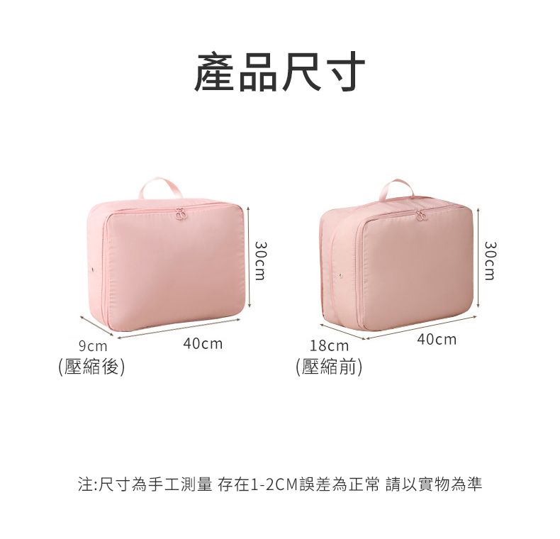 產品尺寸30cm30cm40cm40cm18cm(壓縮後)(壓縮前)注:尺寸為手工測量 存在1-2CM誤差為正常請以實物為準