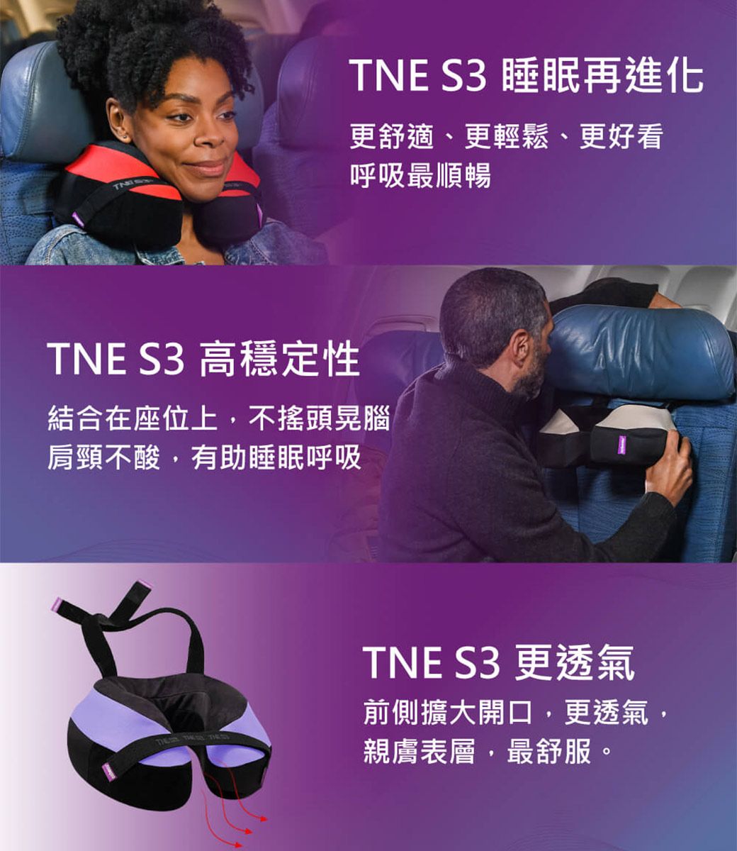 TNE S3 睡眠再進化更舒適、更輕鬆、更好看呼吸最順暢TNE S3 高穩定性結合在座位上,不搖頭晃腦肩頸不酸,有助睡眠呼吸TNE S3 更透氣前側擴大開口,更透氣,親膚表層,最舒服。