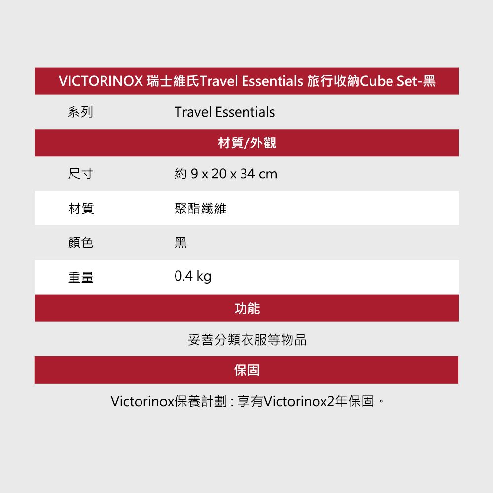 VICTORINOX 瑞士維氏Travel Essentials 旅行收納Cube Set-黑系列Travel Essentials材質/外觀尺寸約 9 x 20 x 34 cm材質聚酯纖維顏色黑重量0.4 kg功能妥善分類衣服等物品保固Victorinox保養計劃:享有Victorinox2年保固。