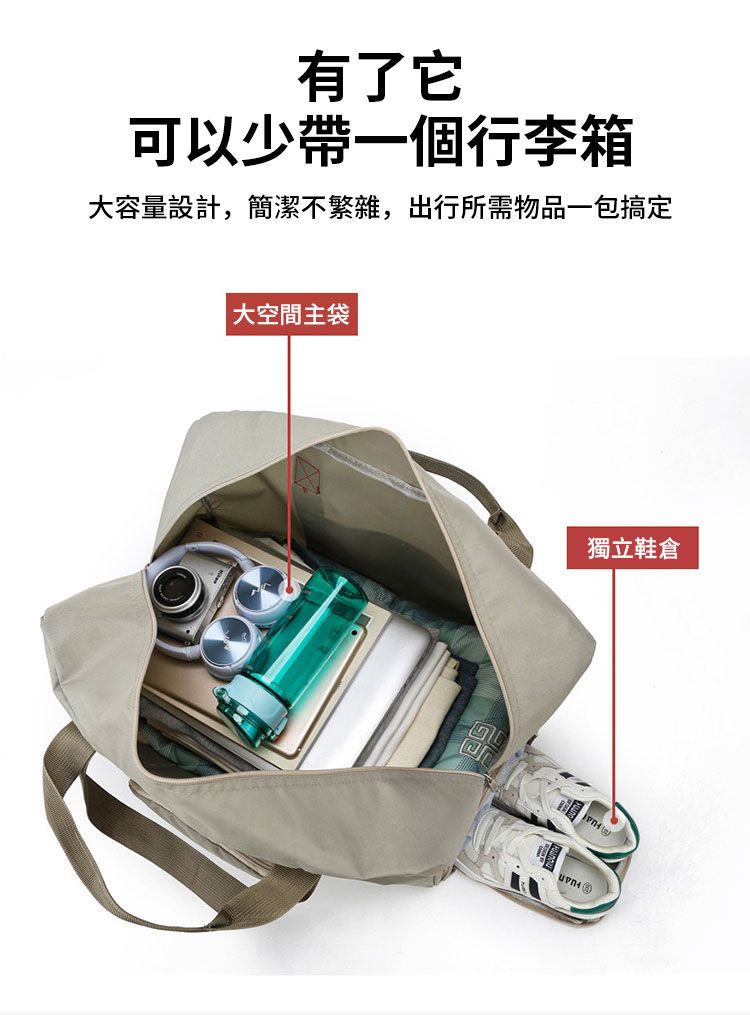 有了它可以少帶一個行李箱大容量設計,簡潔不繁雜,出行所需物品一包搞定大空間主袋獨立鞋倉