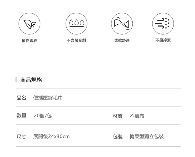 000植物纖維不含螢光劑柔軟舒適不易掉絮 商品規格品名 便攜壓縮毛巾數量 20個/包尺寸 展開後24x30cm材質 不織布包裝糖果型獨立包裝