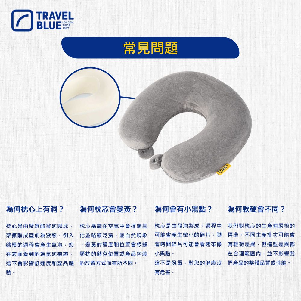 BLUETRAVELLONDONSINCE常見問題為何枕心上有洞?為何枕芯會變黃?為何會有小黑點?為何軟硬會不同?枕心是由聚氨酯發泡製成聚氨酯成型前為液態倒入鑄模的過程會產生氣泡您在表面看到的為氣泡痕跡,這不會影響舒適度和產品體的放置方式而有所不同。驗。枕心暴露在空氣中會逐漸氧化並略顯泛黃,屬自然現象變黃的程度和位置會根據頸枕的儲存位置或產品包裝枕心是由發泡製成,過程中可能會產生微小的碎片,隨著時間碎片可能會看起來像小黑點。我們對枕心的生產有嚴格的標準。不同生產批次可能會有輕微差異,但這些差異都在合理範圍內,並不影響我這不是發霉,對您的健康沒們產品的整體品質或性能。有危害。