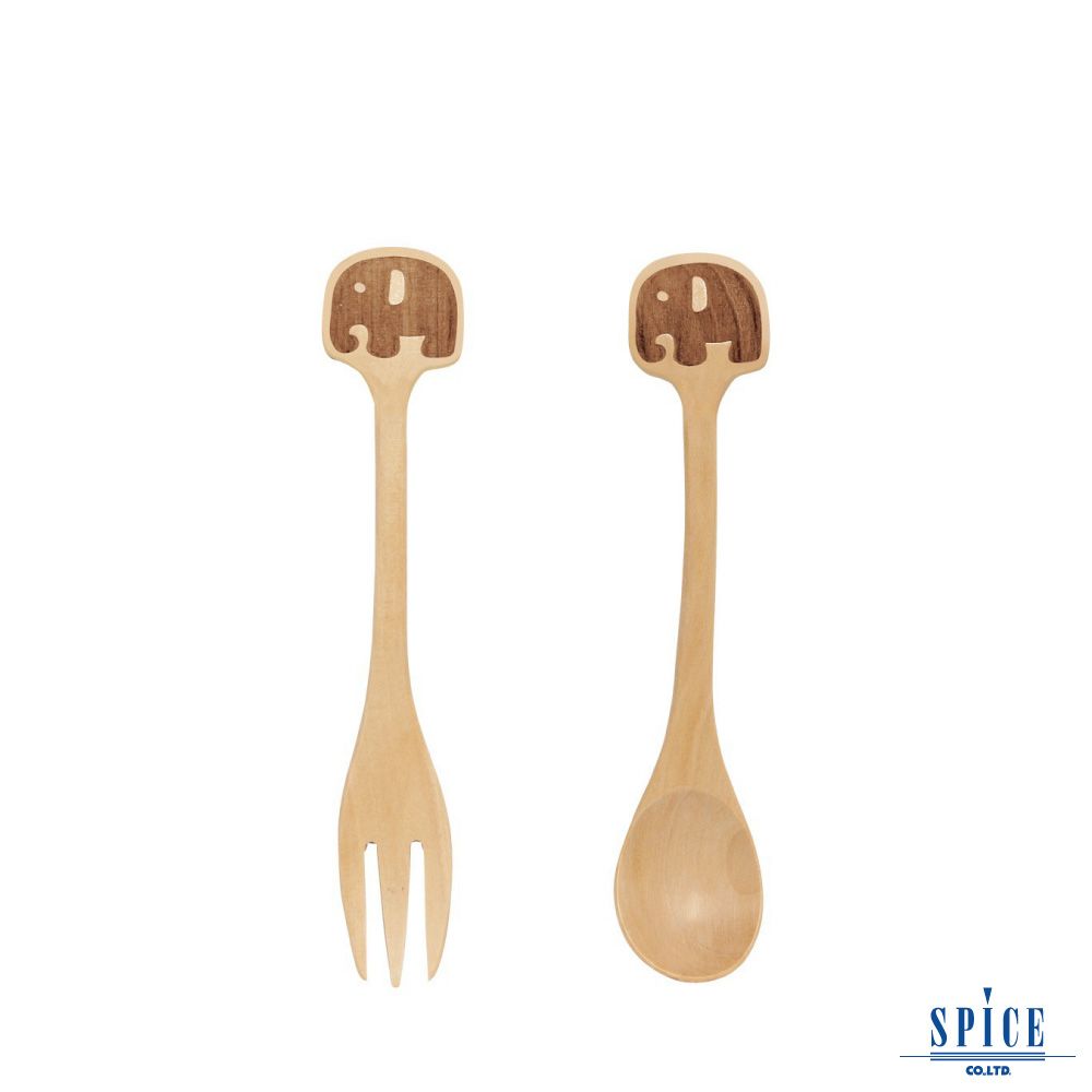 SPICE 【日本】	 OF LIFE PETTIT MAMAN 兒童天然木頭叉子&湯匙套組- 大象造型可愛 環保餐具 寶寶餐具 天然餐具