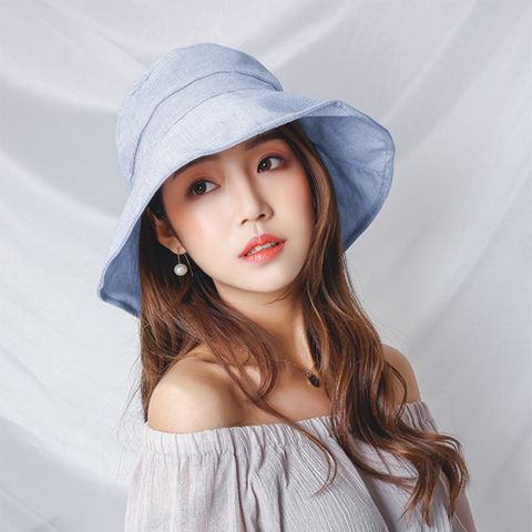 【幸福揚邑】日韓防UV大檐帽棉麻可摺疊蝴蝶結盆帽遮陽帽-藍