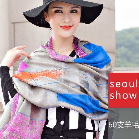 Seoul Show 首爾秀 普普條格60支紗羊毛圍巾披肩 灰彩