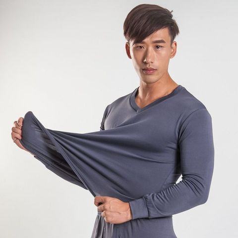 G+居家 刷毛暖暖衣束口發熱衣-V領灰色男款 保暖衣/機能上衣/內搭衣/素色長袖上衣/秋冬男上衣/彈性厚上衣