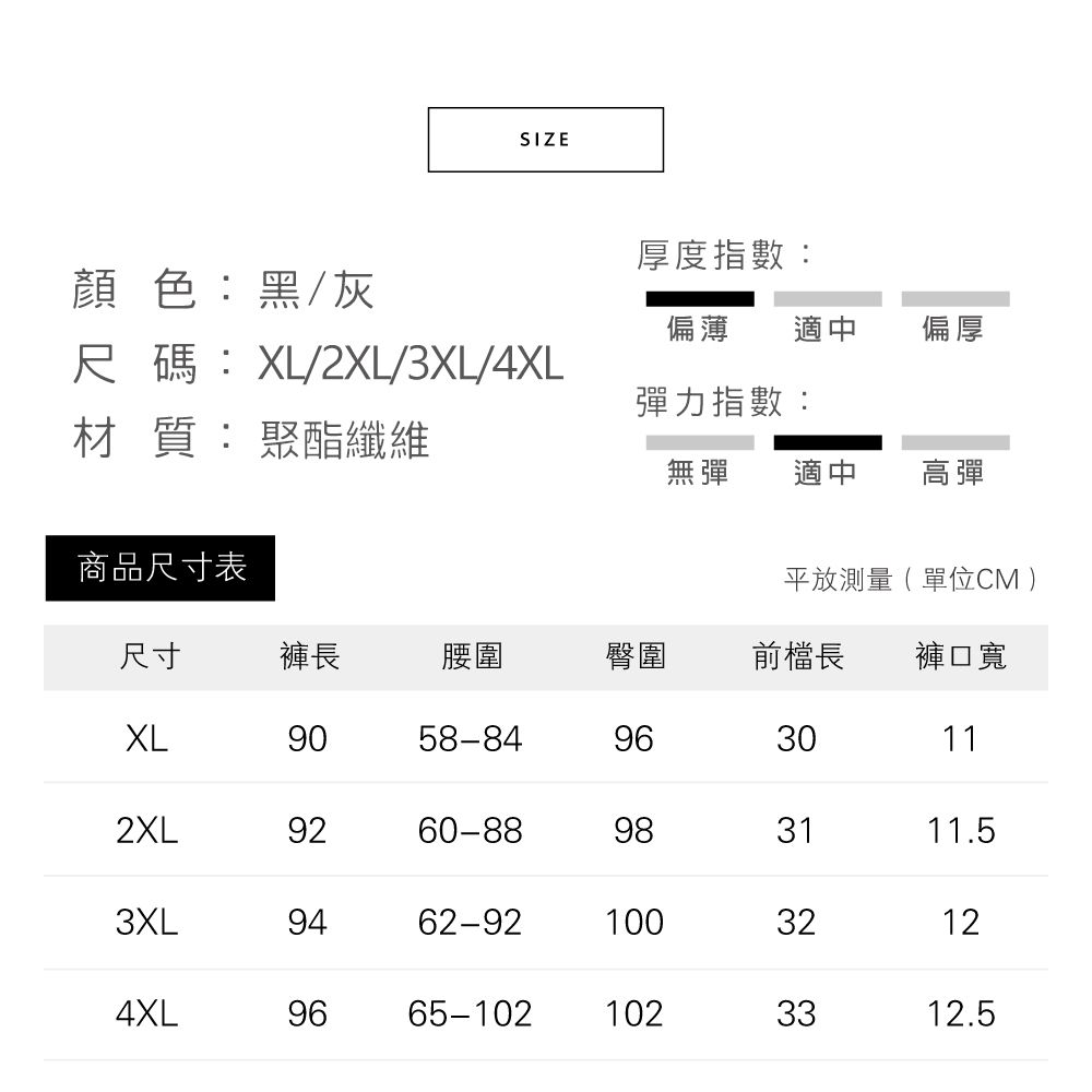 SIZE厚度指數:顏色:黑/灰偏薄適中偏厚尺碼:XL/2XL/3XL/4XL彈力指數:材 質:聚酯纖維無彈適中高彈商品尺寸表平放測量(單位CM )尺寸褲長腰圍臀圍前檔長褲口寬XL9058-8430112XL9260-88983111.53XL9462-9210032124XL969665-1021023312.5