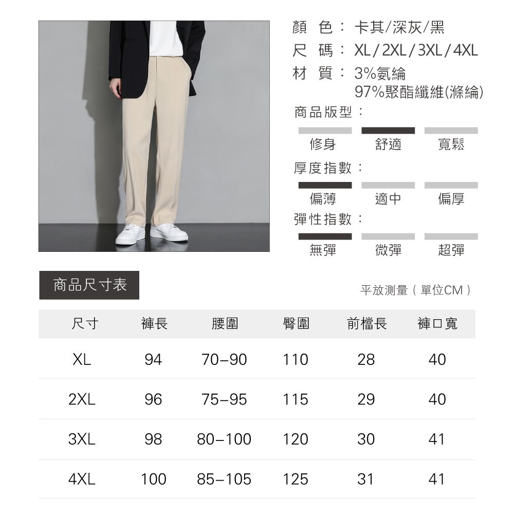 商品尺寸表 色: 卡其/深灰/黑尺碼:XL/2XL/3XL/4XL材質:3%氨綸97%聚酯纖維()商品版型:修身舒適寬鬆厚度指數:偏薄適中偏厚彈性指數:無彈微彈超彈平放測量( 單位CM )尺寸褲長腰圍臀圍前長 褲口寬XL9470-9011028402XL9675-951152940403XL9880-10012030414XL100 85-1051253141