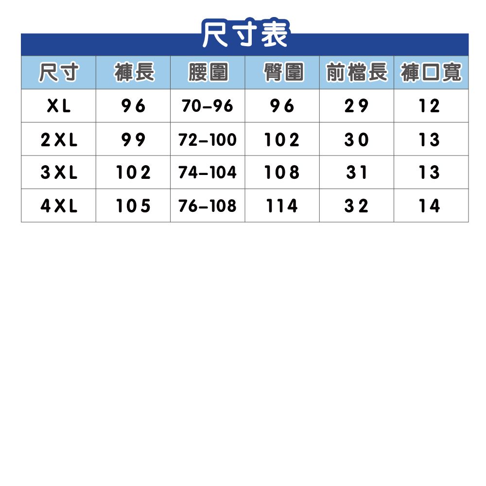 尺寸表尺寸褲長腰圍 臀圍前長 褲口寬9670-969629122XL 99 72-10010230133XL10274-104 10831 134XL105 76-1081143214