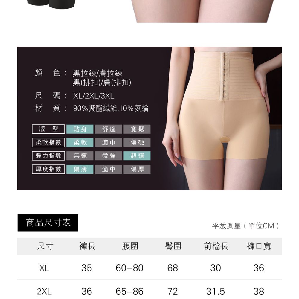 顏色: 黑拉鍊/膚拉鍊黑(排扣)/膚(排扣)尺碼:XL/2XL/3XL材質:90%聚酯纖維.10%氨綸版型貼身舒適寬鬆柔軟指數柔軟適中偏硬彈力指數無彈微彈超彈厚度指數偏薄適中偏厚商品尺寸表平放測量(單位CM )尺寸褲長腰圍臀圍前檔長褲口寬XL3560-806830362XL3665-867231.538