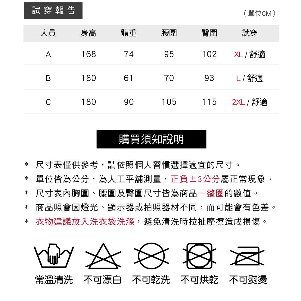 試穿報告(單位M)人員身高體重腰圍臀圍試穿A1687495102X / 舒適B180617093L/ 舒適C180901051152XL / 舒適購買須知說明*尺寸表僅供參考,請依照個人習慣選擇適宜的尺寸。* 單位皆為公分,為人工平舖測量,正負±3公分屬正常現象。*尺寸表內胸圍、腰圍及臀圍尺寸皆為商品一整圈的數值。* 商品照會燈光、顯示器或拍照器材不同,而可能會有色差。* 衣物建議放入洗衣袋洗滌,避免清洗時拉扯摩擦造成損傷。常溫清洗 不可漂白 不可乾洗 不可烘乾 不可熨燙