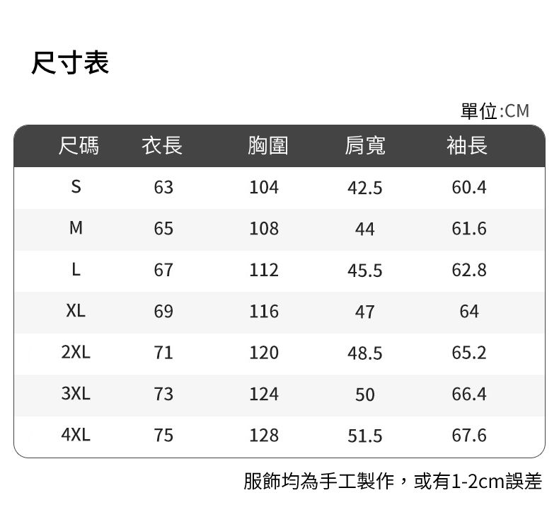 尺寸表尺碼衣長胸圍肩寬單位:CM袖長S6310442.560.4M651084461.6L6711245.562.8XL6911647642XL7112048.565.23XL731245066.44XL7512851.567.6服飾均為手工製作,或有1-2cm誤差