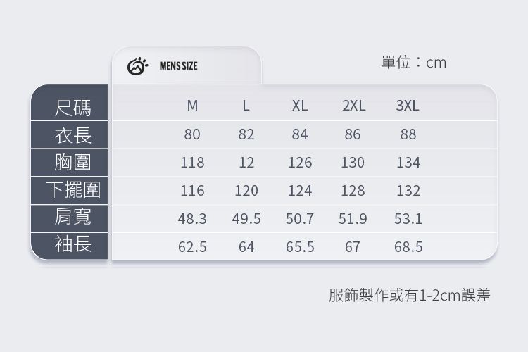 MENS SIZE單位:cm尺碼MLXL2XL3XL衣長8082848688胸圍11812126130134下擺圍116120124128132肩寬48.349.550.751.953.1袖長62.56465.56768.5服飾製作或有1-2cm誤差