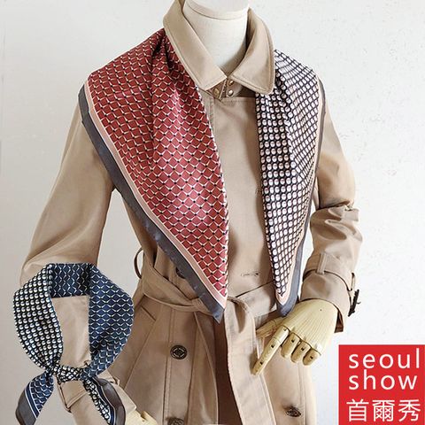 Seoul Show 首爾秀 幾何拼色方巾仿蠶絲頭巾領巾雪紡圍巾仿真絲絲巾
