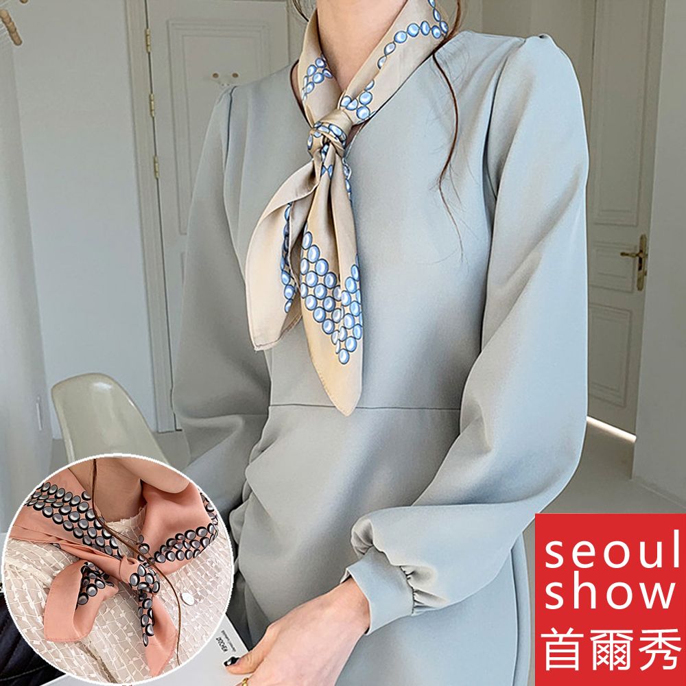 Seoul Show 首爾秀  珍珠項鏈印花方領巾仿真蠶絲緞面頭巾雪紡絲巾