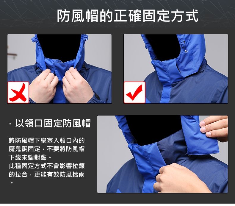 防風帽的正確固定方式以領口固定防風帽將防風帽下緣塞入領口內的魔鬼氈固定,不要將防風帽下緣末端對黏。此種固定方式不會影響拉鍊的拉合,更能有效防風擋雨