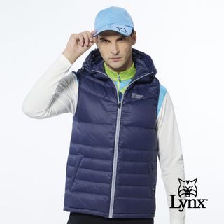 【Lynx Golf】男款保暖羽絨素面款脇邊羅紋設計無袖連帽背心(三色)