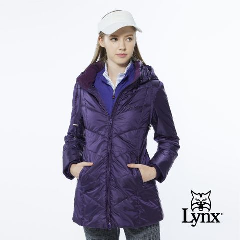 【Lynx Golf】女款長版防風保暖潑水鋪棉款素面壓線長袖可拆式連帽外套(二色)