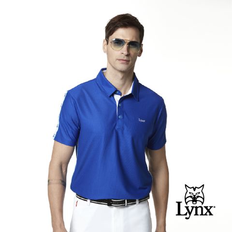 Lynx Golf 男款吸濕排汗出芽配布山貓串標印花短袖POLO衫-寶藍色