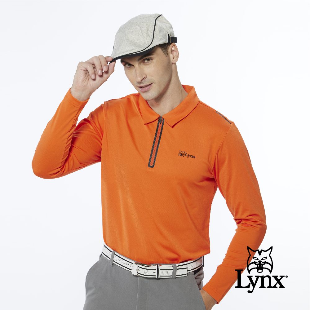 Lynx Golf 男款合身版內刷毛保暖反光貼條後背造型設計長袖立領POLO衫(二色)