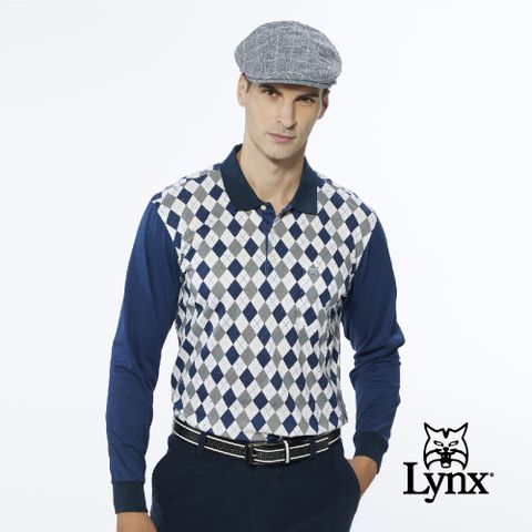 【Lynx Golf】男款純棉雙絲光英倫菱格紋路山貓LOGO胸袋款長袖POLO衫(二色)