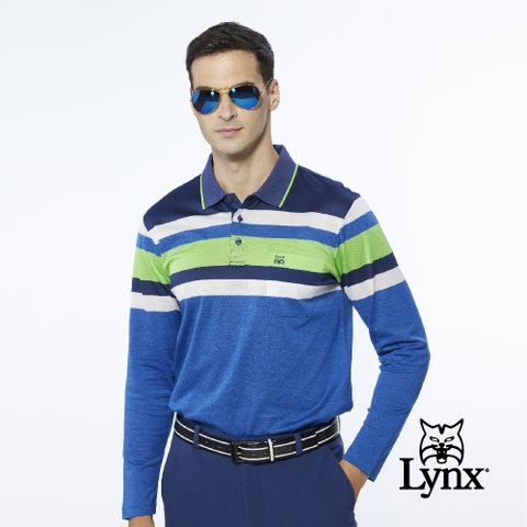 【Lynx Golf】男款歐洲進口布料純棉絲光配色條紋胸袋款長袖POLO衫-藍色