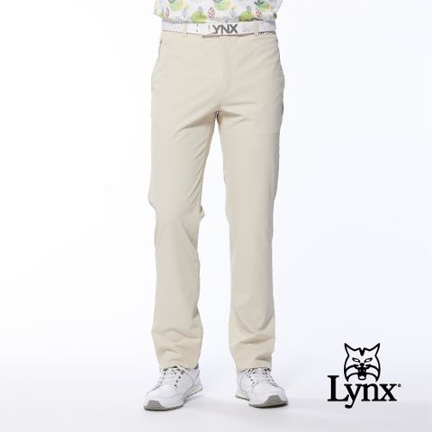 【Lynx Golf】男款日本進口布料拉鍊口袋設計後袋配布剪接平口休閒長褲(三色)